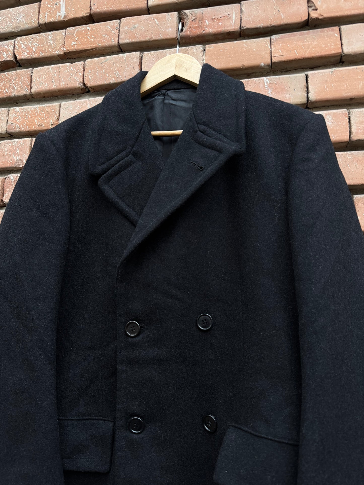 🧥 Palton Vintage Bărbați Negru Double Breasted din Lână Pură – Marimea EU 50 (L)