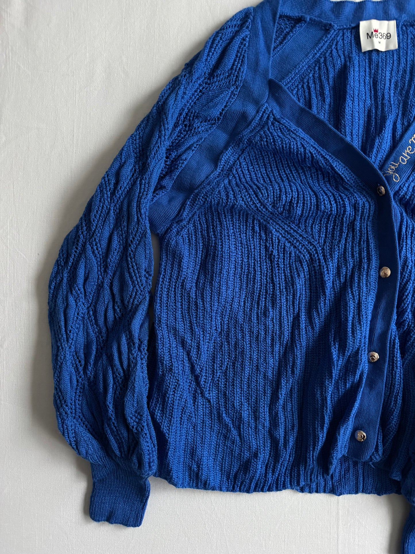 🧶 Cardigan Albastru Tricotat cu Broderie – Mărime M Femei