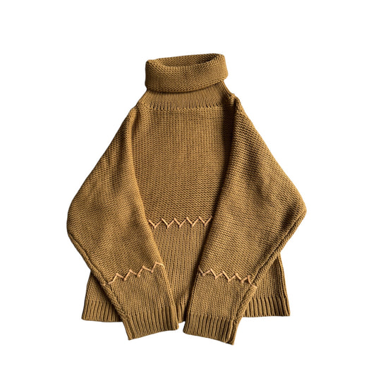 🧶 Pulover Vintage Damă Crem-Maroniu cu Guler Înalt din Lână și Bumbac – aprox. S / M