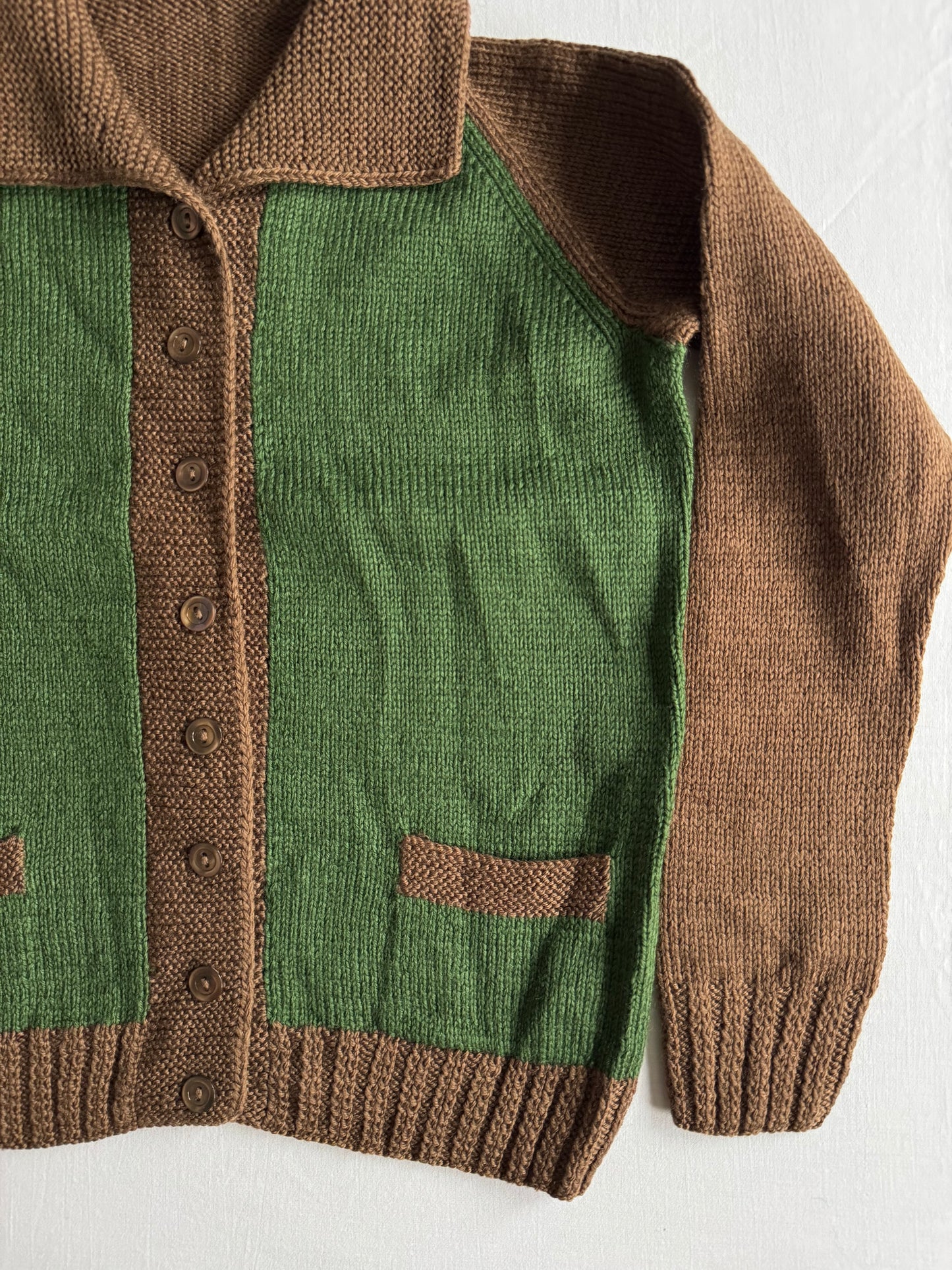 🧶 Cardigan Vintage Damă Verde și Maro din Blend de Lână – XS / S