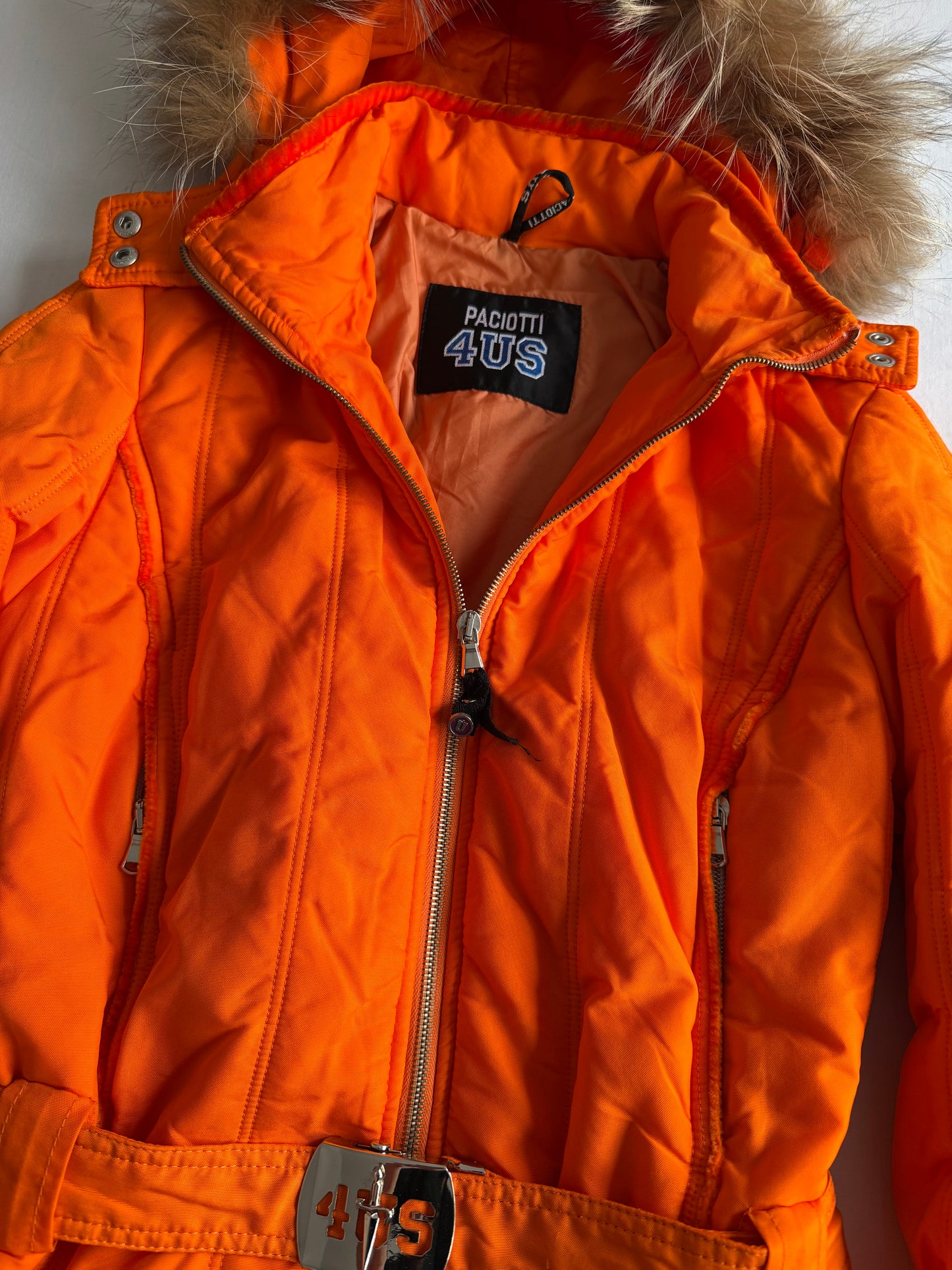 🍊 Jachetă Y2K Portocalie 4US by Cesare Paciotti cu Glugă din Blană Naturală – M Femei