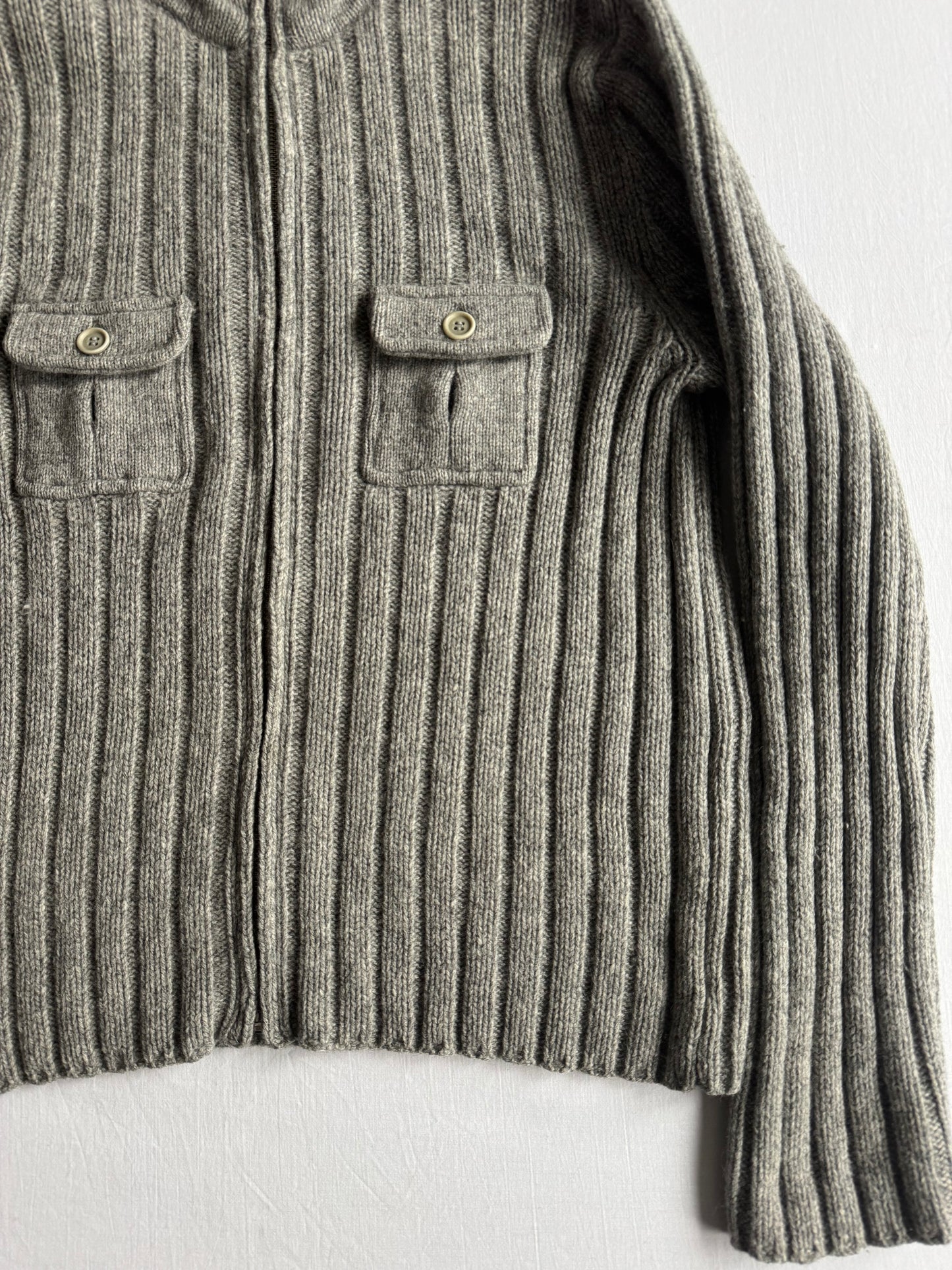 🧶 Cardigan Y2K Bărbați J.Crew Gri cu Fermoar din Lambswool – L