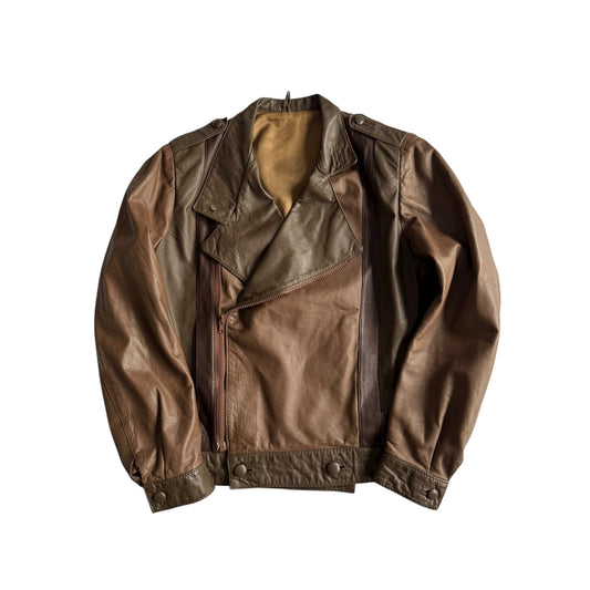🏍️ Geacă vintage biker din piele / Maro & Olive (Women’s L)