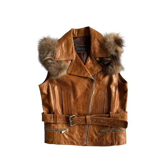 🦊 Vesta Y2K Damă din Piele Maro cu Aplicații din Blană Naturală – S