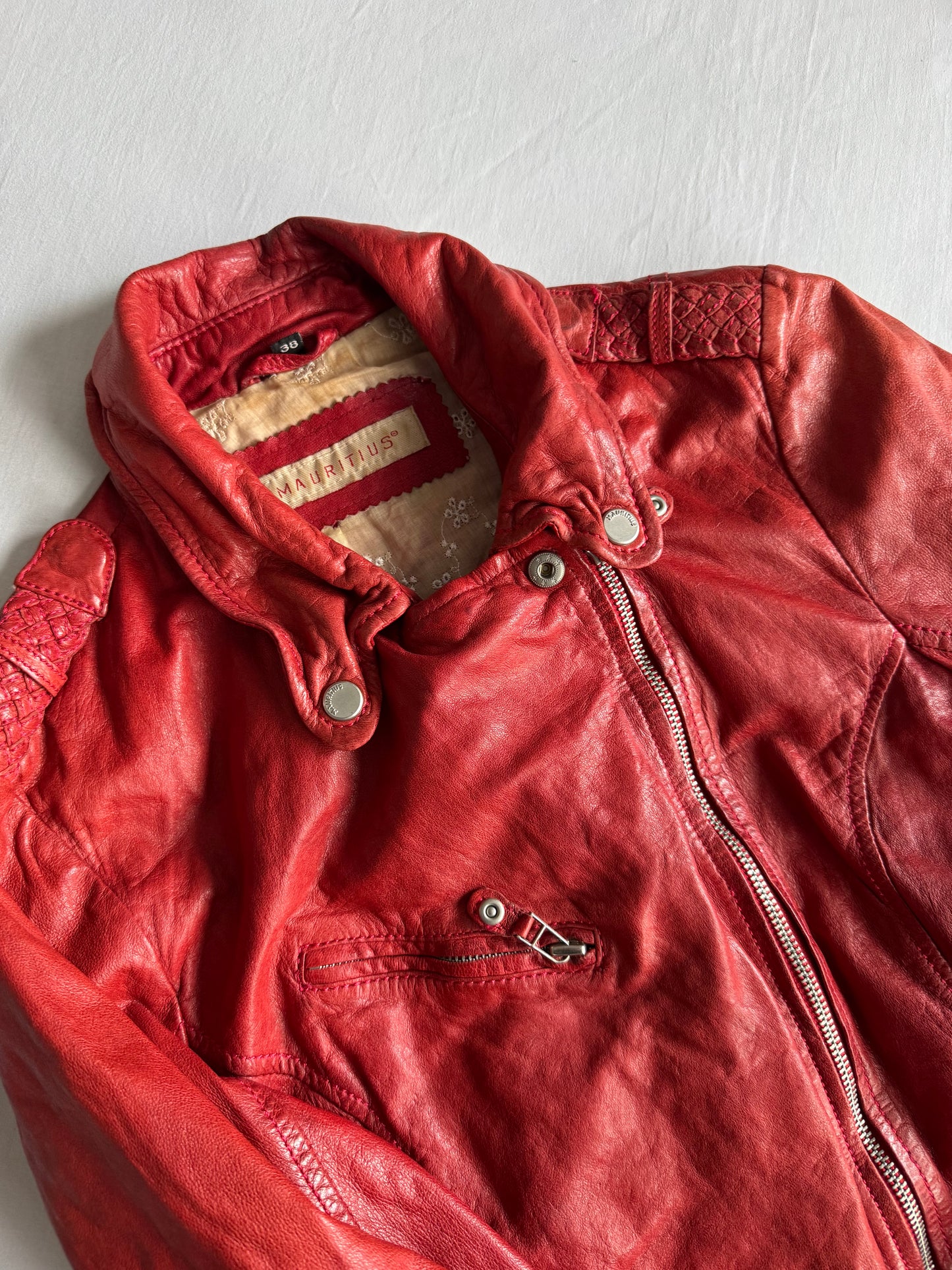 ❤️ Geacă Biker Y2K Damă din Piele Roșie – EU 38 (M)