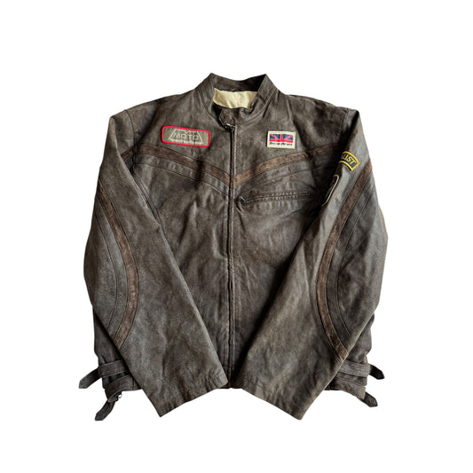 🏍️ Jachetă Y2K Bărbați Racing din Piele Întoarsă de Porc Maro – L (fit XL)