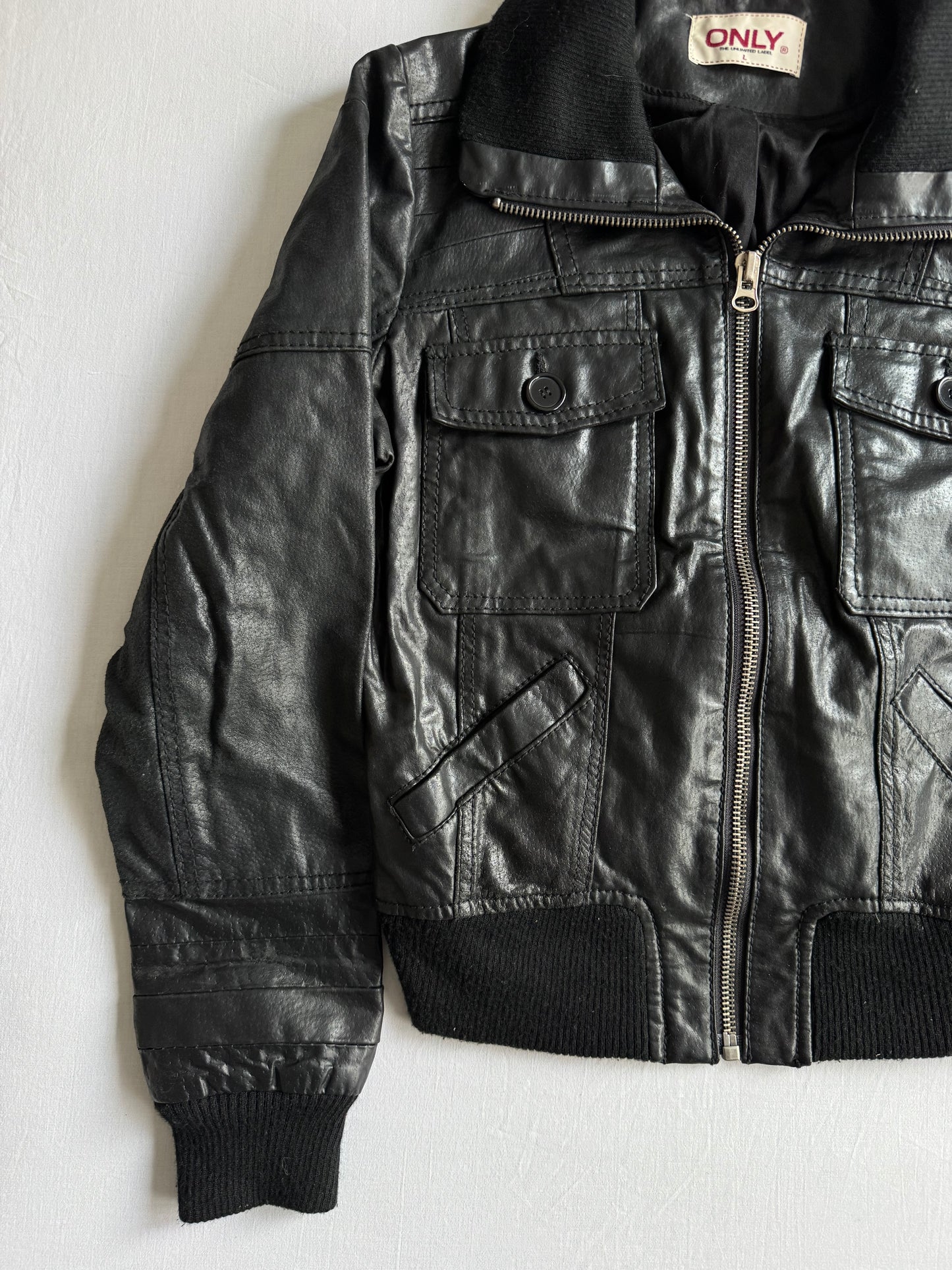 🐽 Geacă Y2K Damă din Piele de Porc Neagră – L