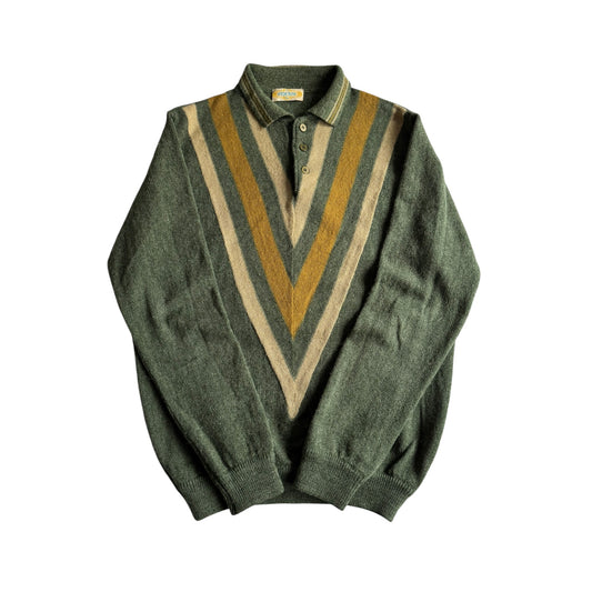 🧶 Pulover Vintage Bărbați Verde Deschis Geometric cu Guler Polo – L