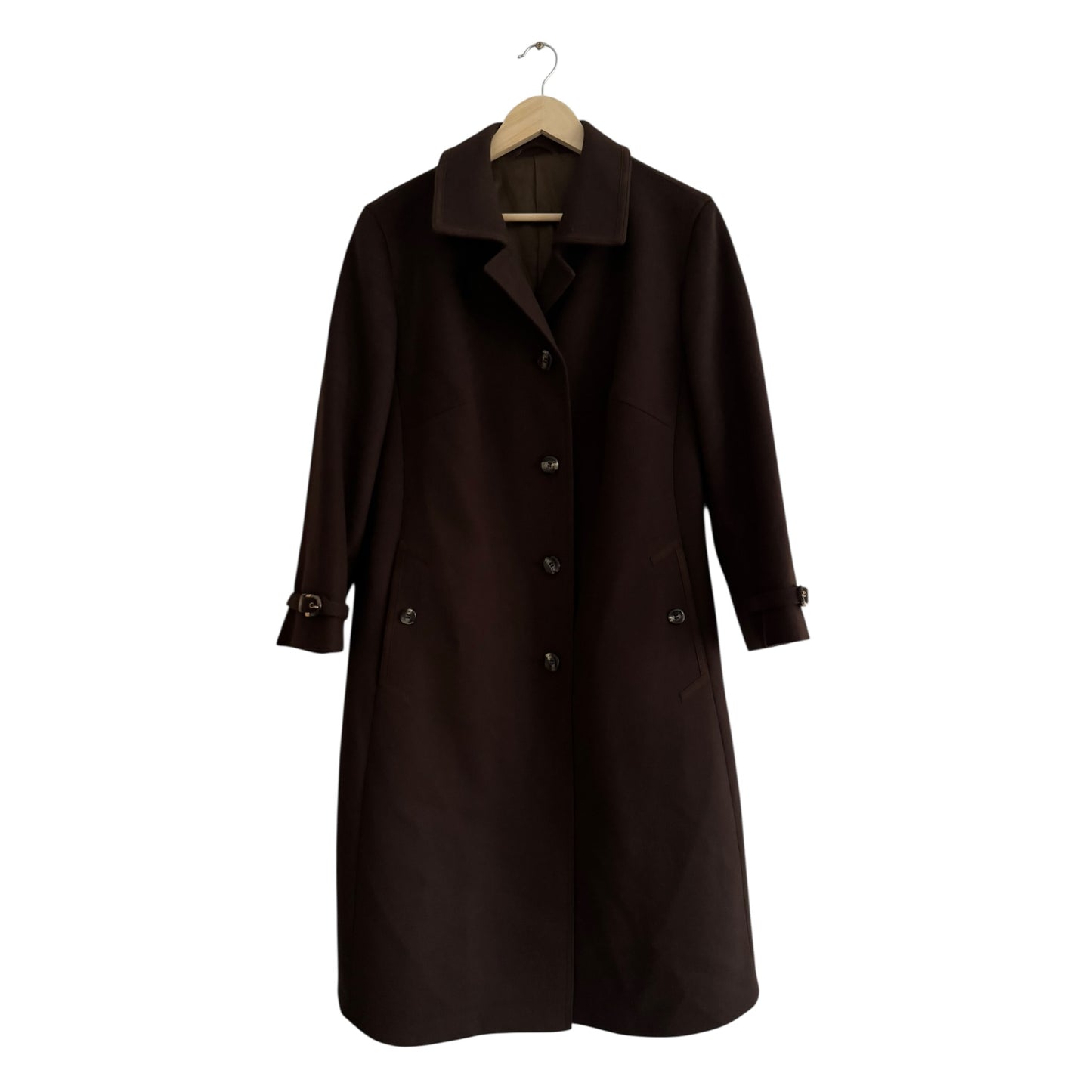 🧥 Palton Vintage Damă Maro Închis din Lână Virgină cu Barete la Mâneci – M/L