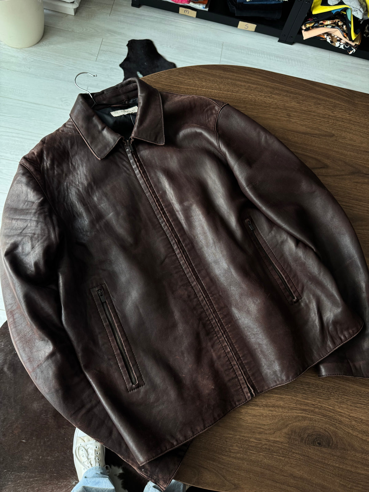 Jachetă Distressed Piele Miel Calvin Klein Vintage | Burgundy Închis| Made in Italy | M