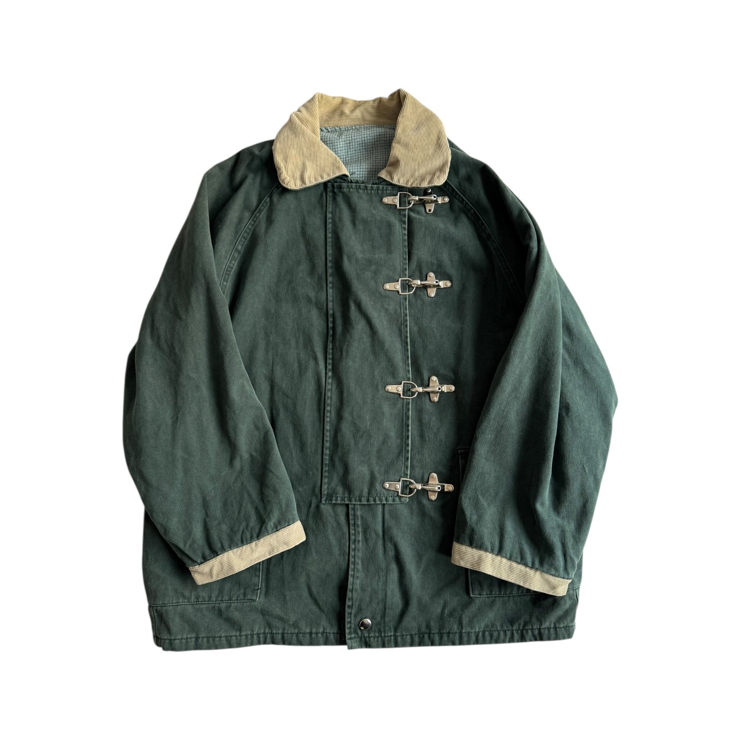 👨‍🚒 Jachetă Vintage Verde Închis din Bumbac cu Guler din Catifea Reiată – Marimea L Bărbați