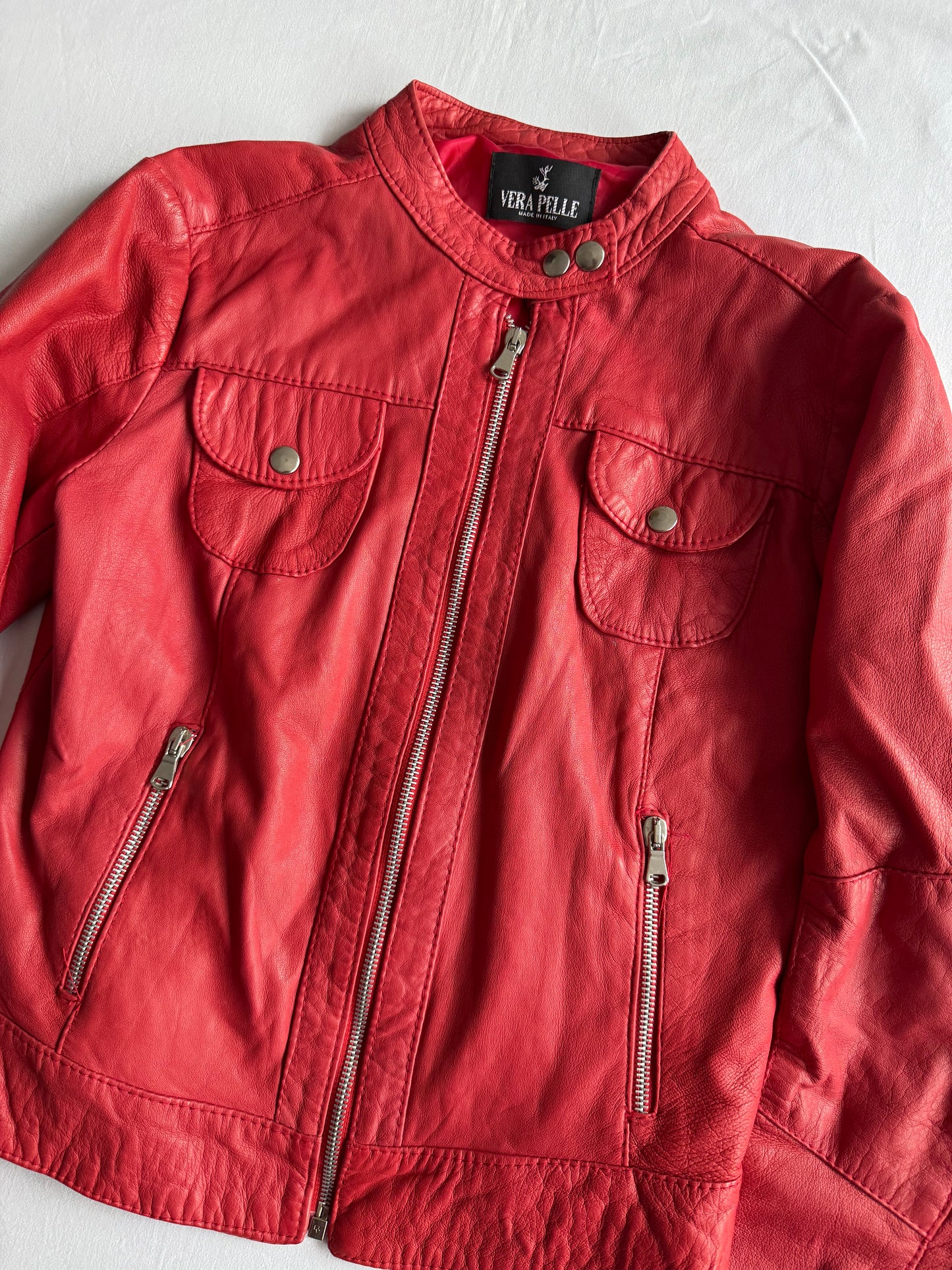 🍒 Jachetă Y2K Cafe Racer Roșie din Piele – S Damă