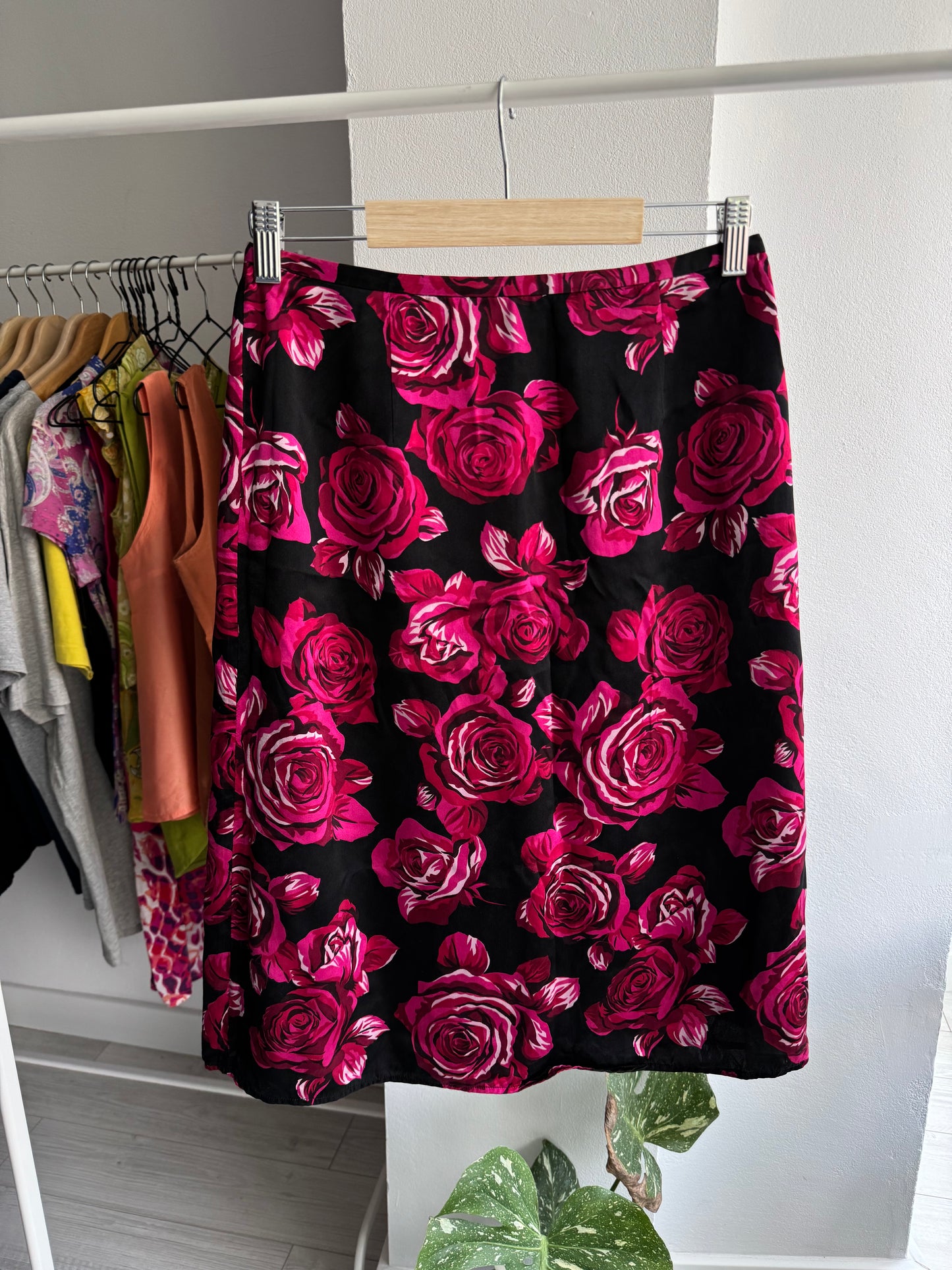 🌹 Fustă Mătase Y2K Print Trandafiri – US 4 / XS Femei