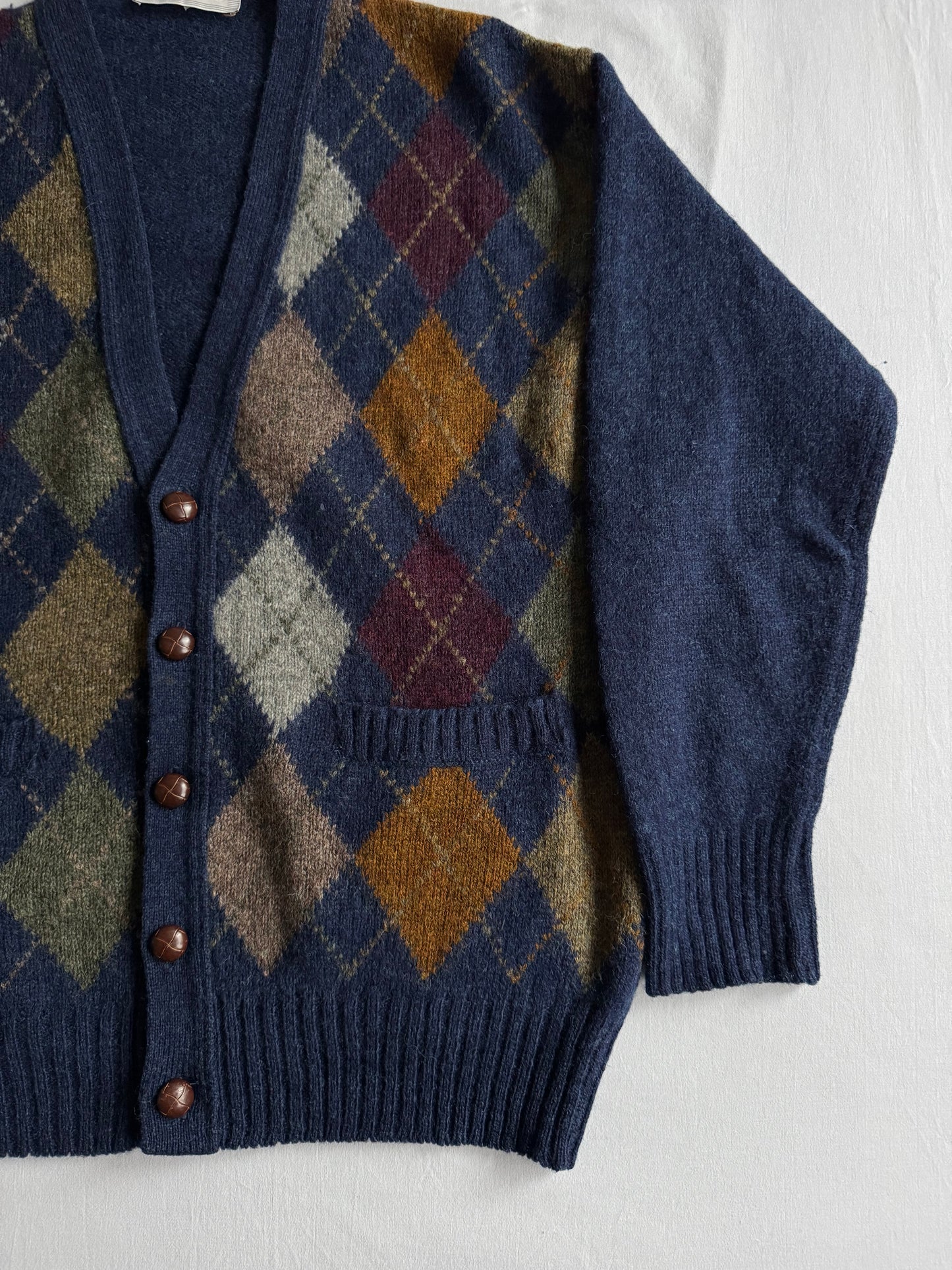 🧶 Cardigan Vintage Bărbați Navy din Lână Virgină cu Pattern Argyle – L