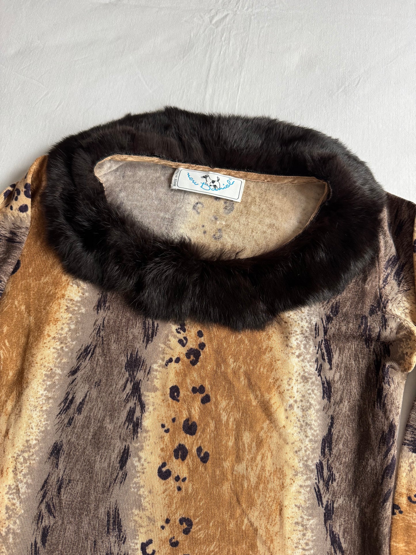 🐆 🧶 Pulover Y2K Damă Animal Print din Lână Merino cu Guler din Blană Naturală – Aprox. S/M Femei