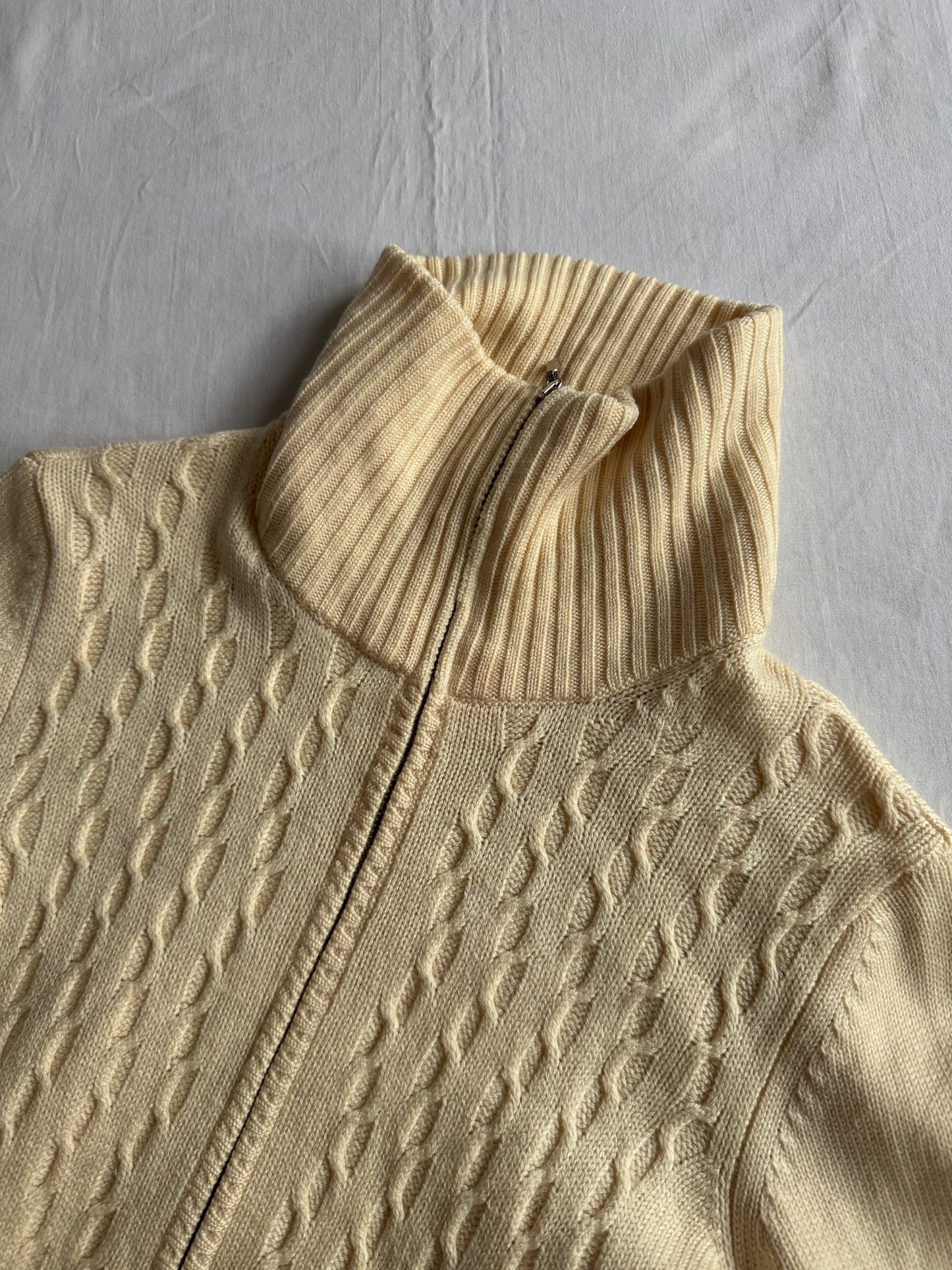 🐑 Pulover Vintage Damă Alb Natural din Lână Merino Extra Fine cu Fermoar Full Zip – M