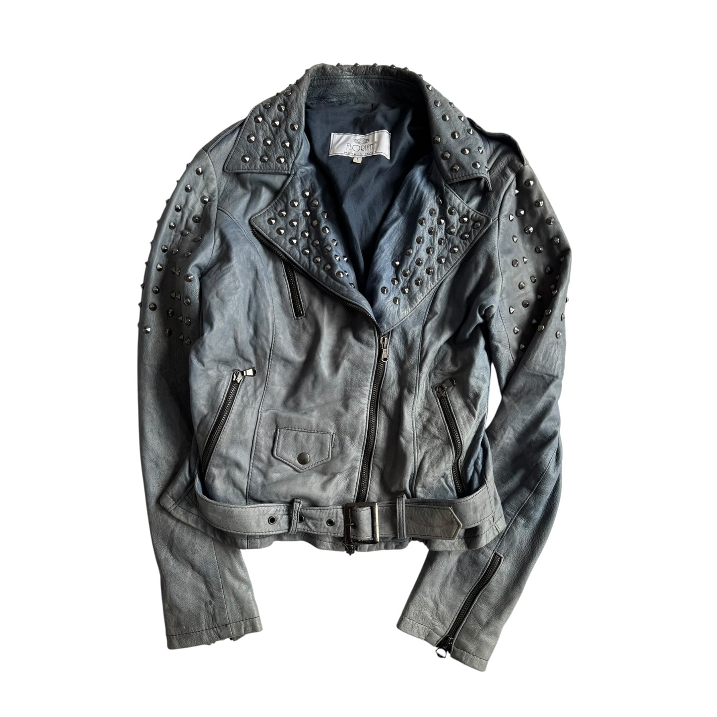 💙 Geacă Biker Y2K Damă din Piele Baby Blue Faded cu Ținte – L