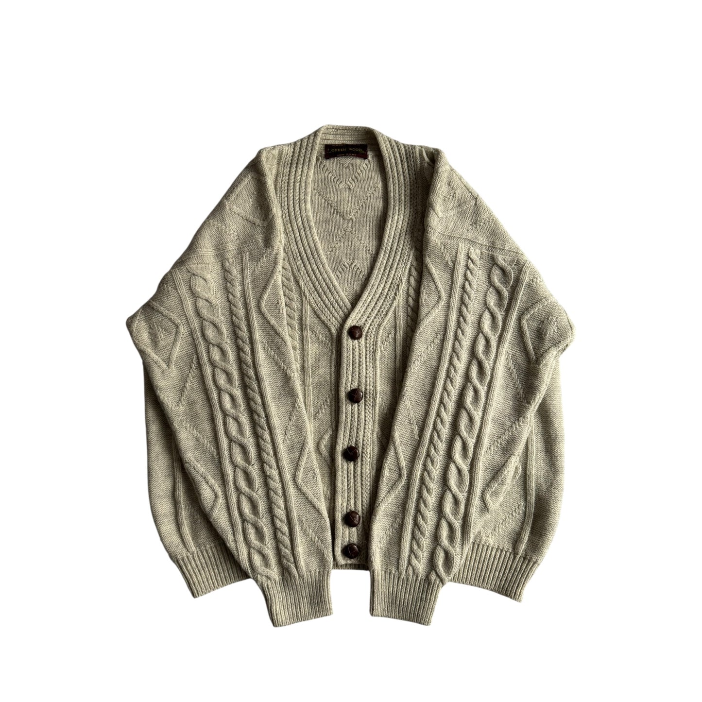 🧶 Cardigan Vintage Bărbați Gri Cable Knit din Lână, Alpaca și Acril – L
