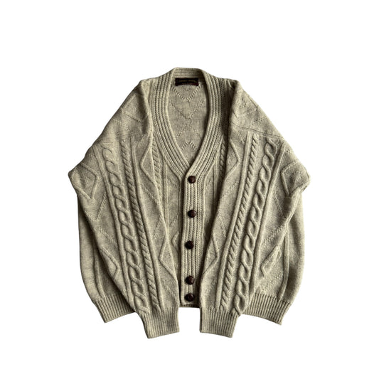 🧶 Cardigan Vintage Bărbați Gri Cable Knit din Lână, Alpaca și Acril – L