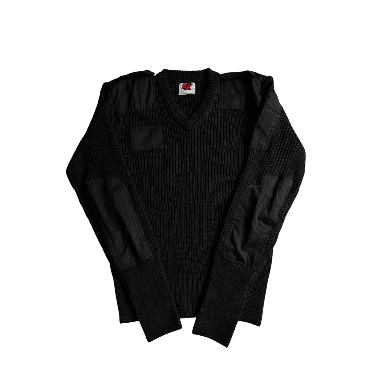 🧶 Pulover Vintage Bărbați Negru Military din Lână Virgină cu Guler V – L