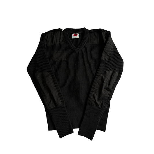 🧶 Pulover Vintage Bărbați Negru Military din Lână Virgină cu Guler V – L