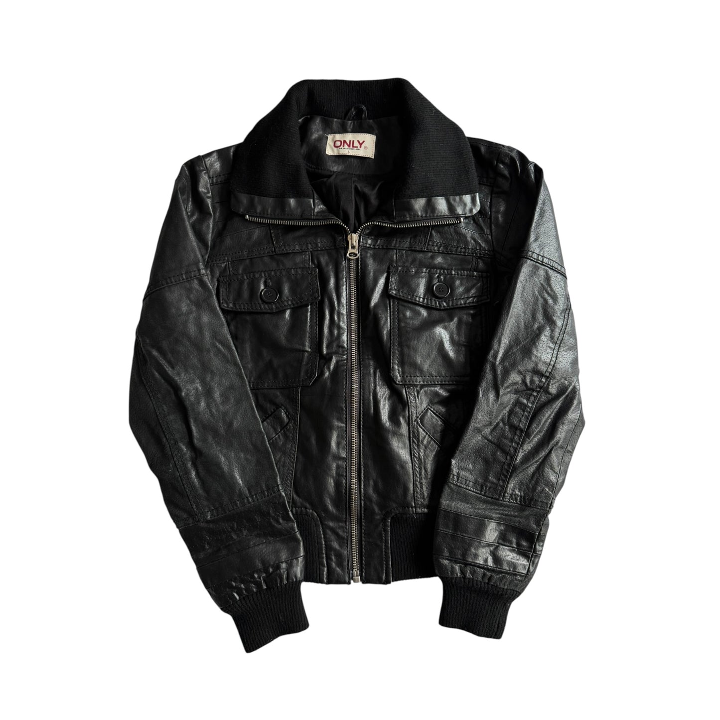 🐽 Geacă Y2K Damă din Piele de Porc Neagră – L