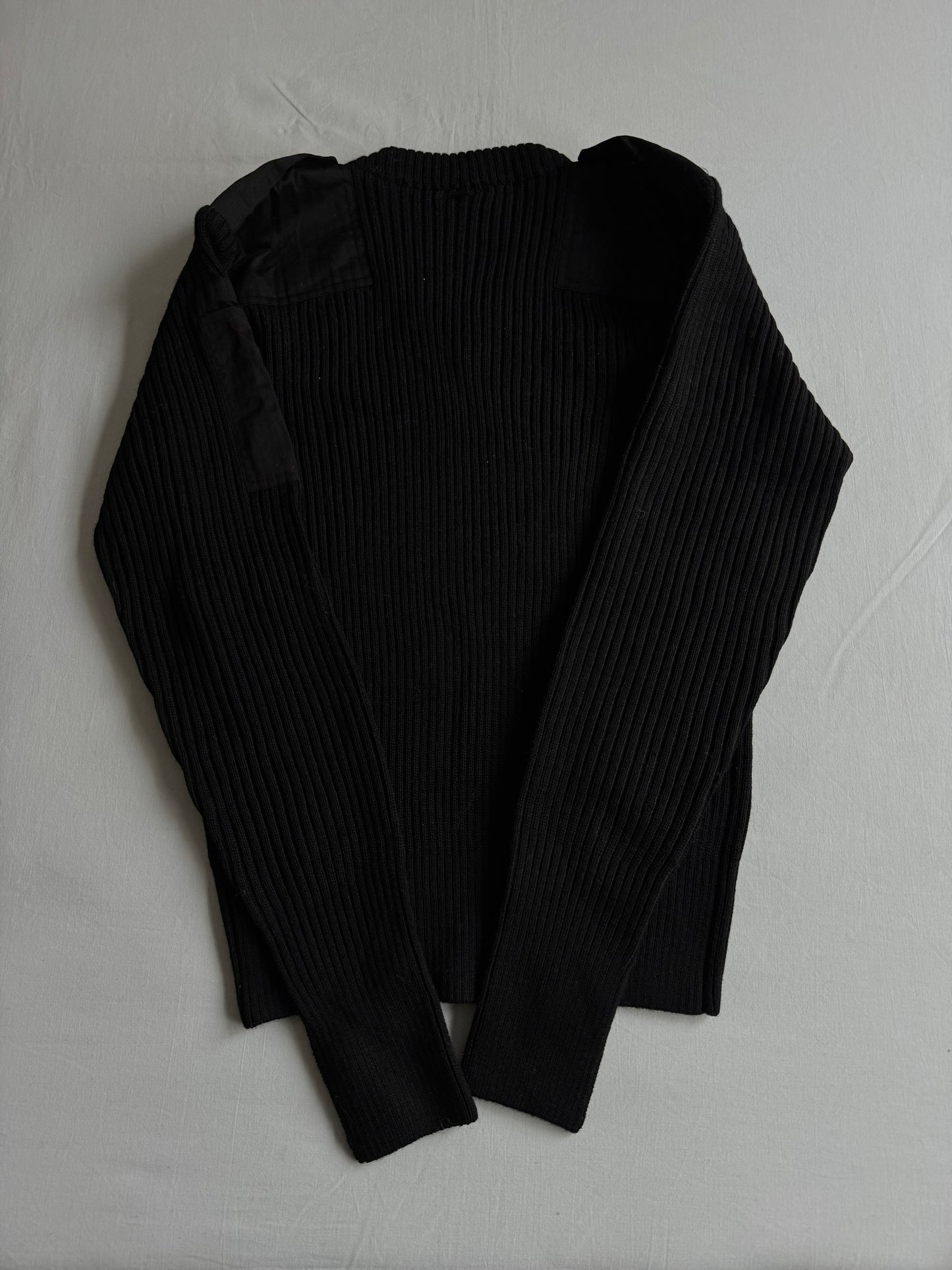 🧶 Pulover Vintage Bărbați Negru Military din Lână Virgină cu Guler V – L