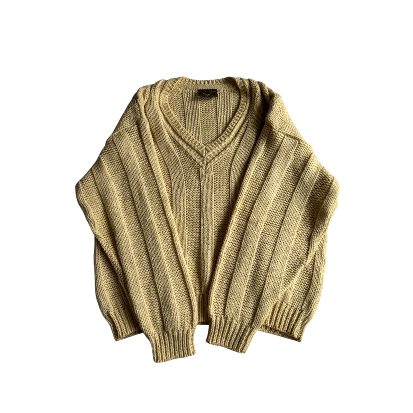 🧶 Pulover Vintage Bărbați Alb Natural cu Decolteu în V din Blend Lână – 48 (M)