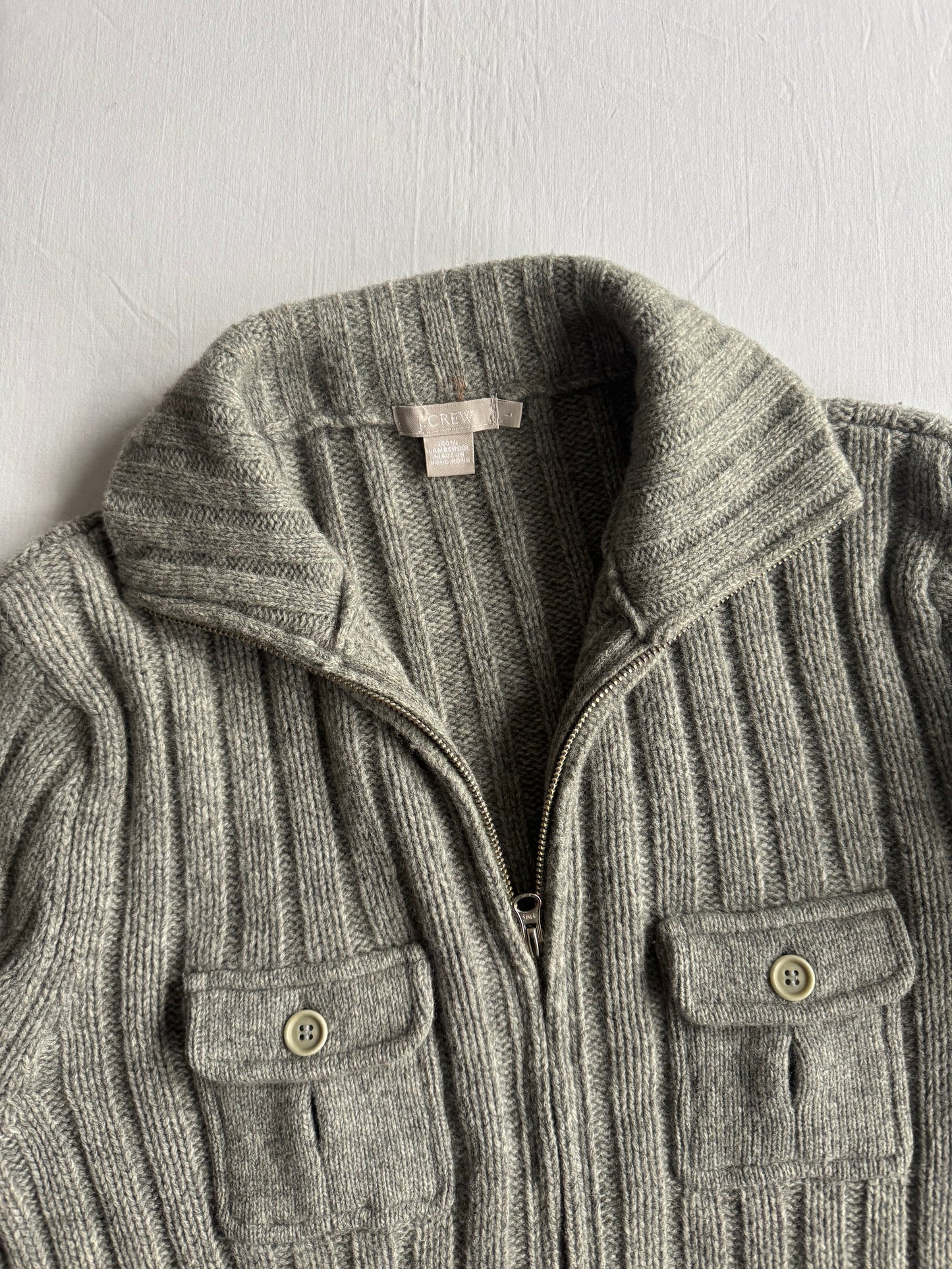 🧶 Cardigan Y2K Bărbați J.Crew Gri cu Fermoar din Lambswool – L