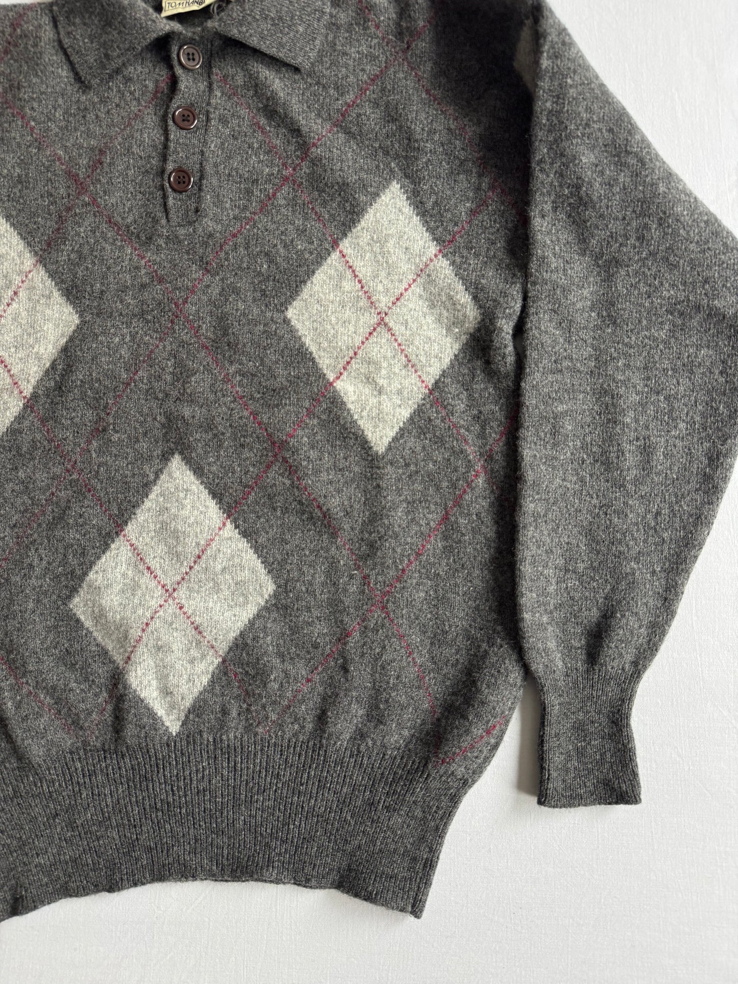 🧶 Pulover Vintage Bărbați Gri din Lână Virgină cu Guler Polo și Pattern Argyle – L