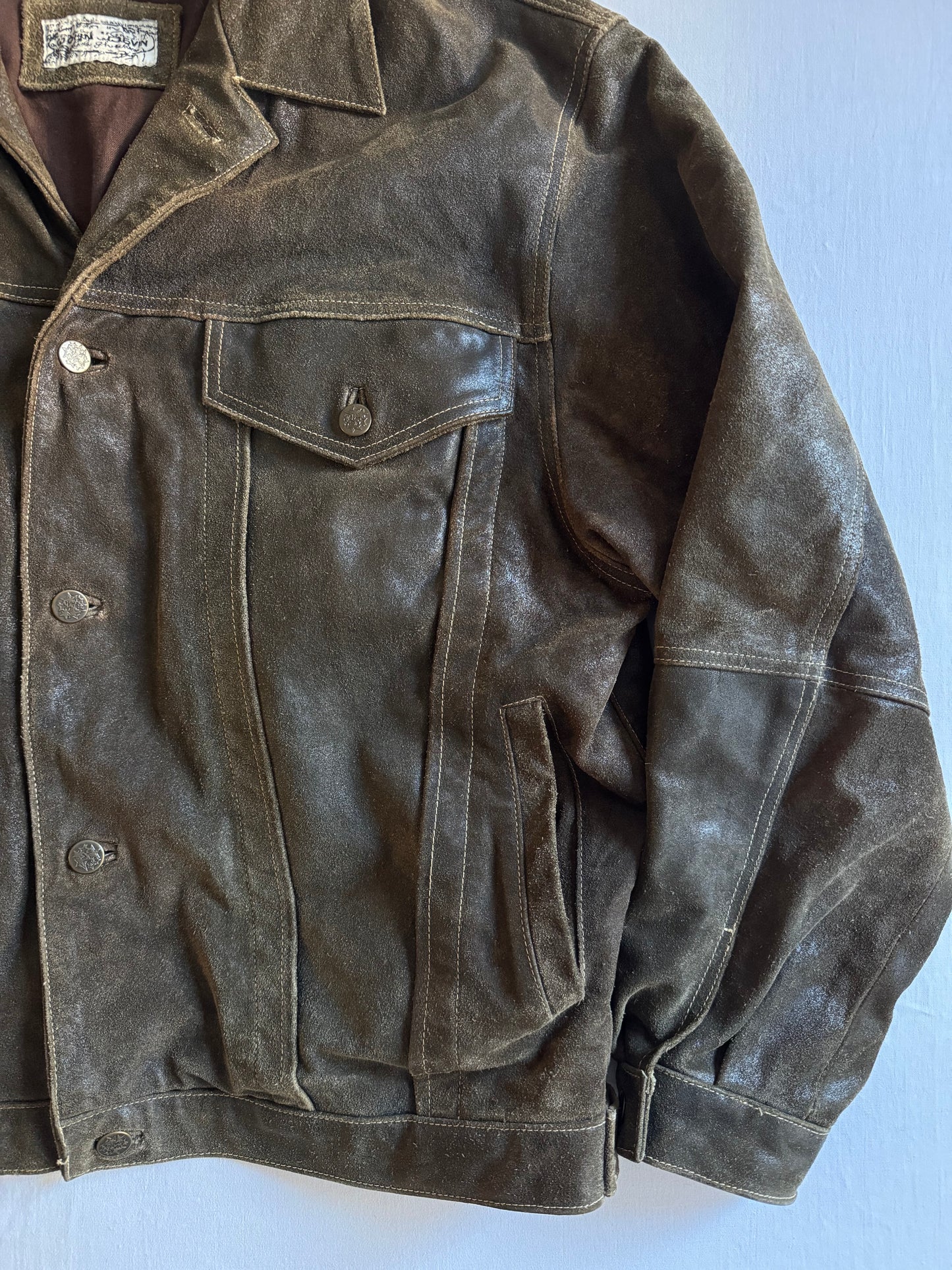 🧥 Jachetă Trucker Vintage din Piele întoarsă – Mărimea L – Patină Autentică