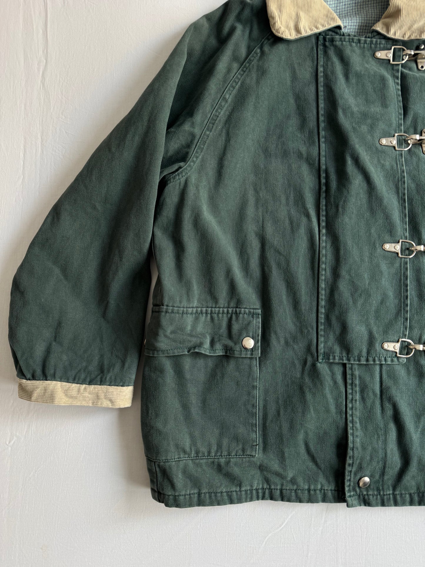 👨‍🚒 Jachetă Vintage Verde Închis din Bumbac cu Guler din Catifea Reiată – Marimea L Bărbați
