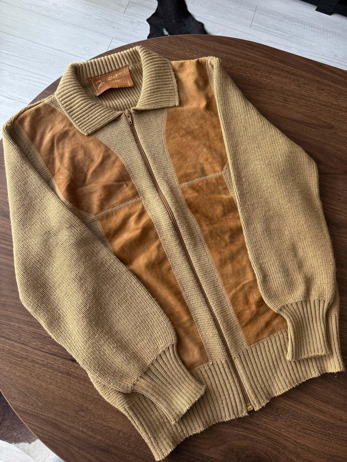 Cardigan Lână Crem Vintage Bărbați | Piele Întoarsă | L (50)