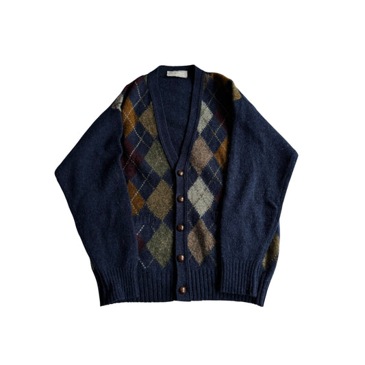 🧶 Cardigan Vintage Bărbați Navy din Lână Virgină cu Pattern Argyle – L