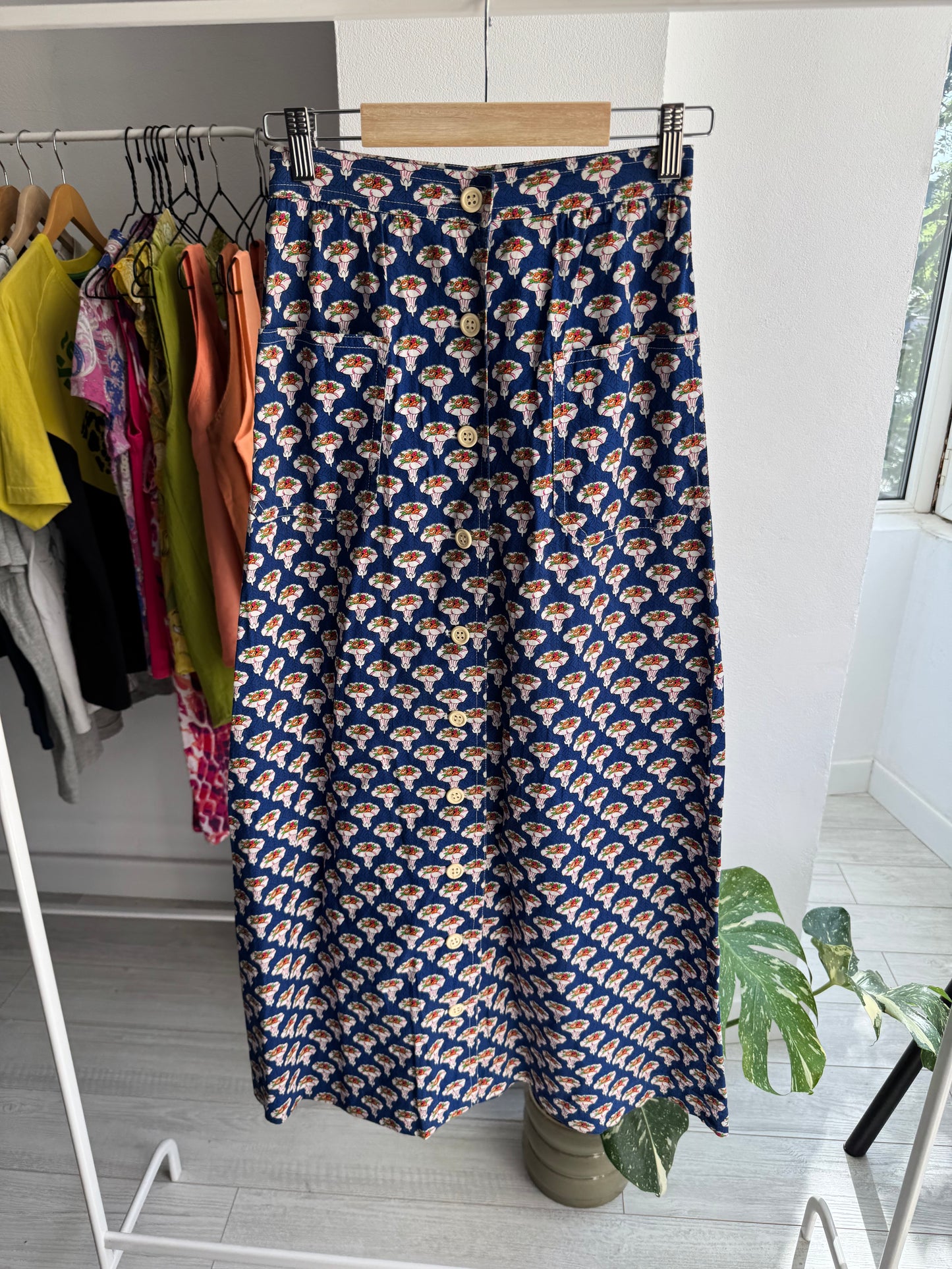☀️ Fustă Vintage Albastră cu Print A-Line – Approx. S Damă