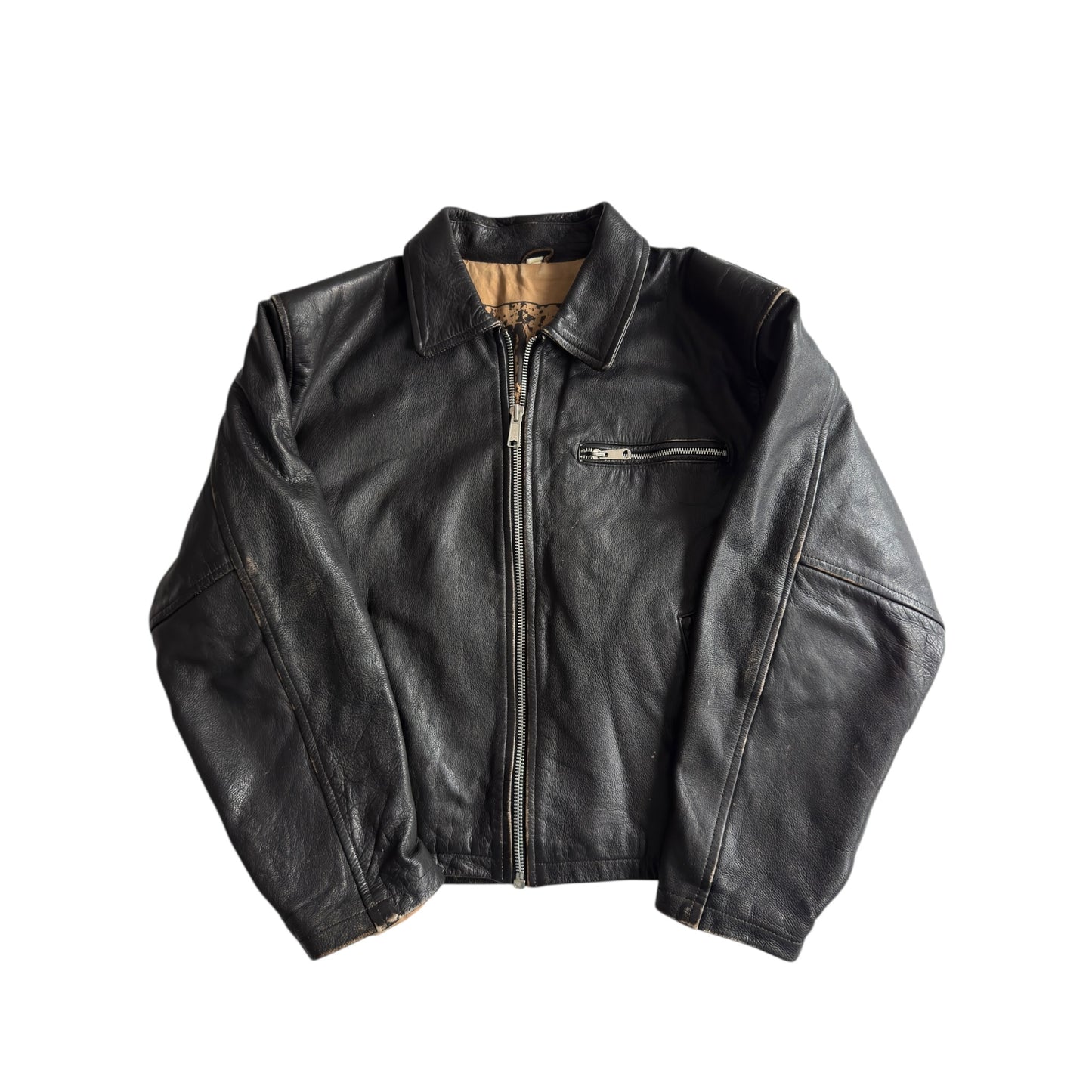 🏍️ Geacă vintage din piele neagră pentru bărbați – mărimea L – croială cropped – piele naturală cu patină autentică