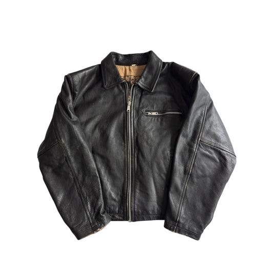 🏍️ Geacă vintage din piele neagră pentru bărbați – mărimea L – croială cropped – piele naturală cu patină autentică