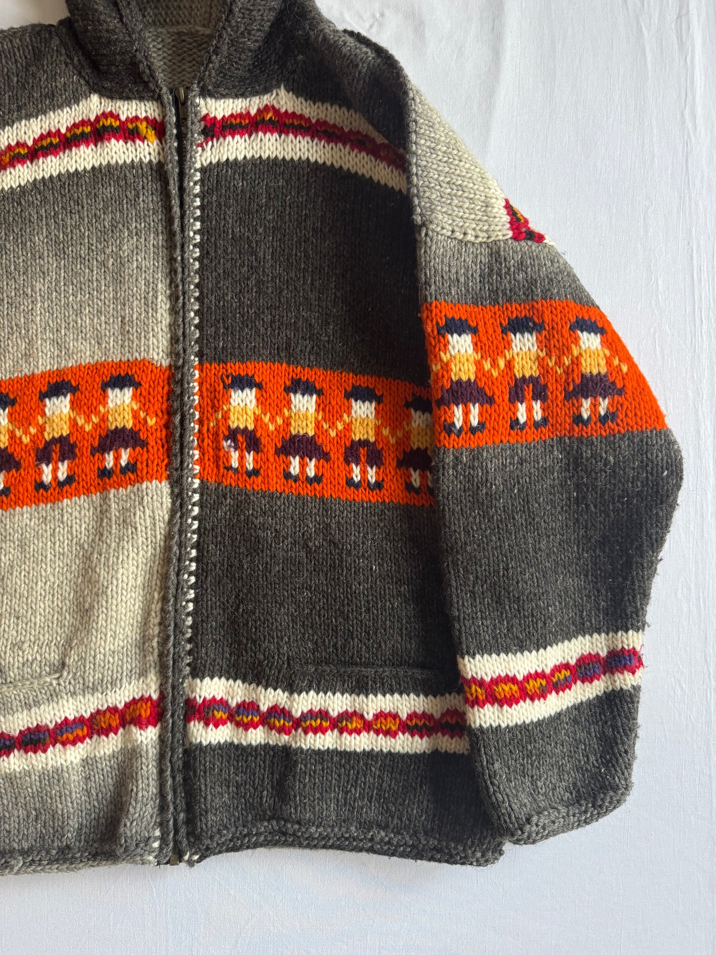 🧶 Hoodie Vintage Bărbați Tricotat din Lână cu Print Grafic – Aprox. L