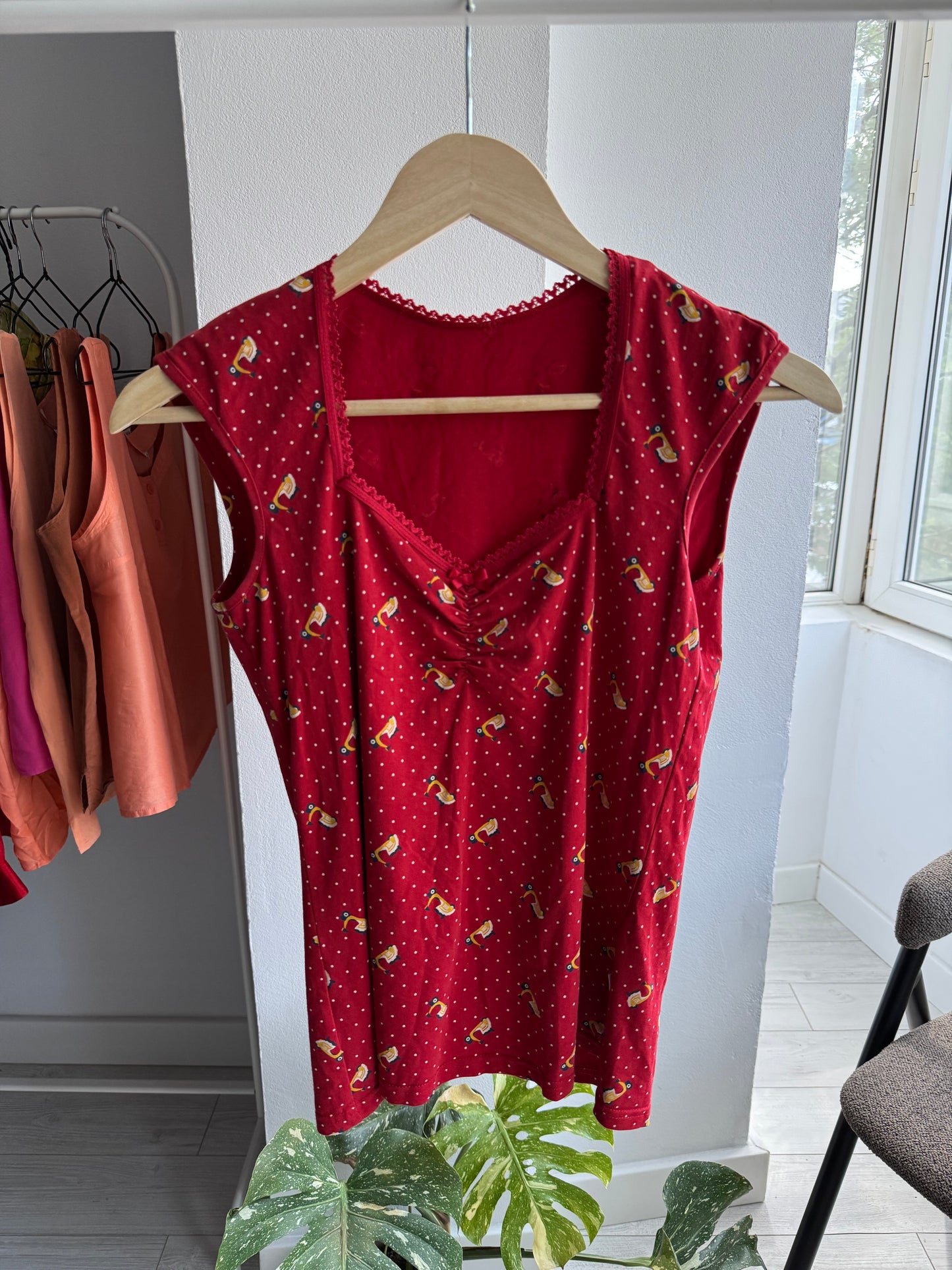 💁‍♀️ Top Roșu Printed Y2K | Bumbac Elastic – S Damă