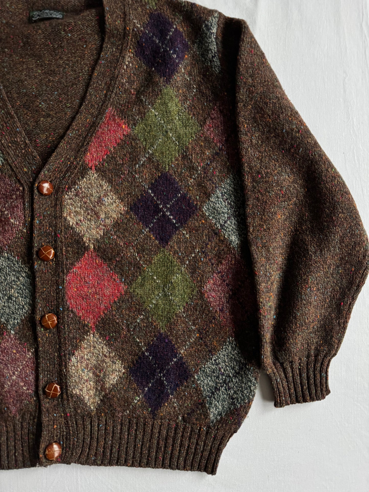 🧶 Cardigan Vintage Bărbați Maro din Lână Virgină cu Pattern Argyle – M