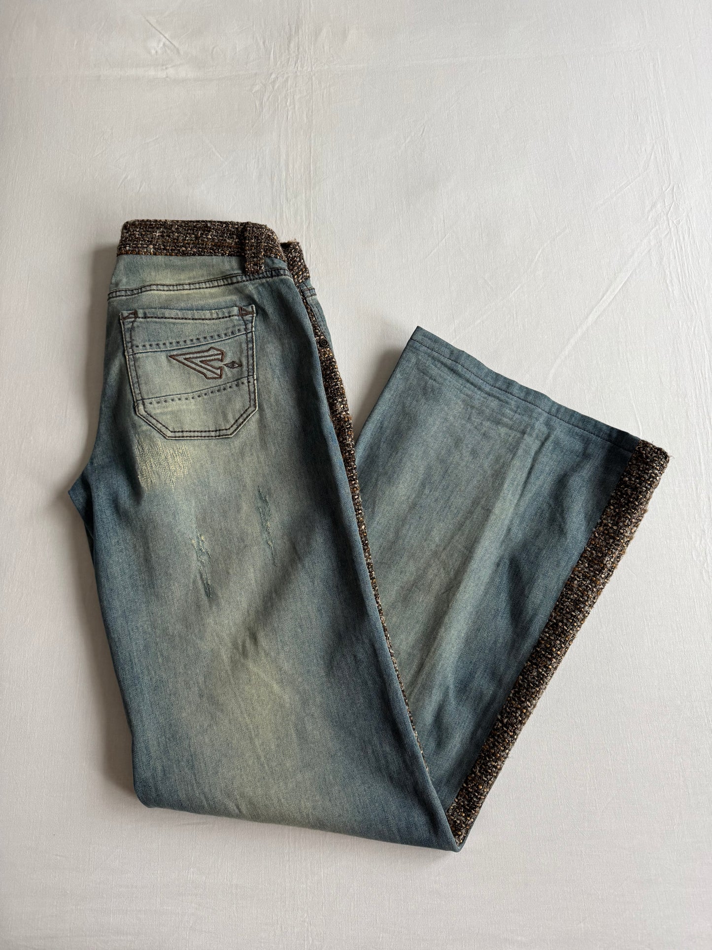 🪵 Jeans Y2K Damă Flared din Tweed și Denim – US 28