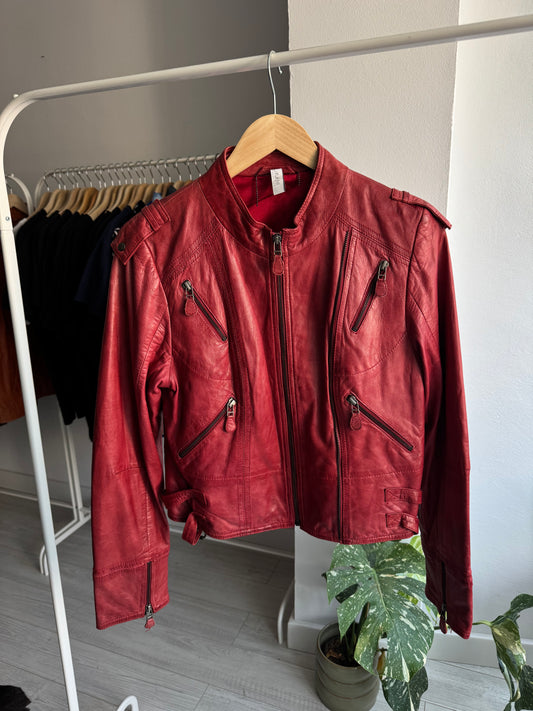 🍷 Jachetă Piele Roșie Y2K | 100% Lamb Leather | S/M Damă