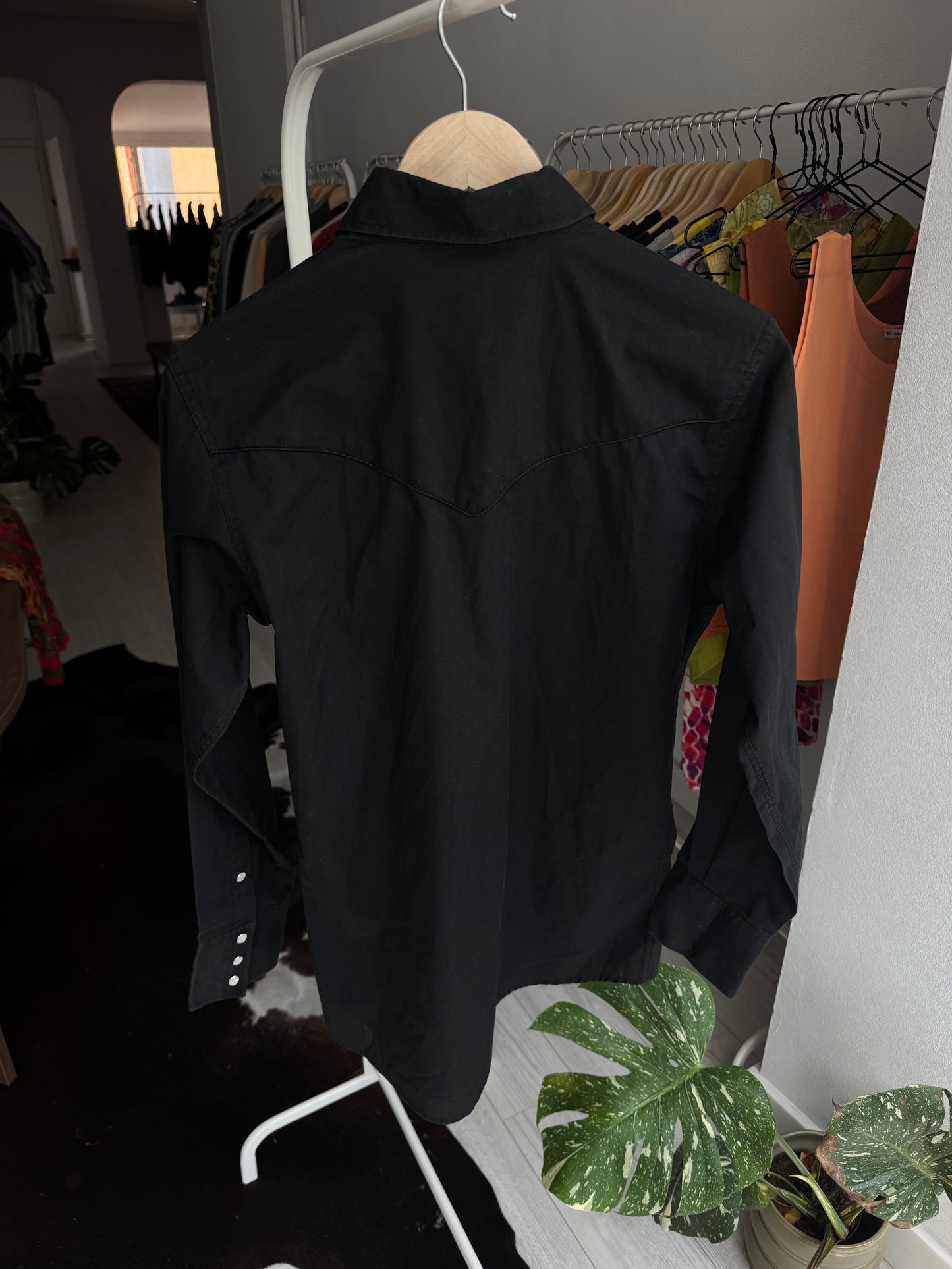 🤠 Cămașă Cowboy Vintage Neagră | broderie Cal & Nasturi Snap – S Bărbați