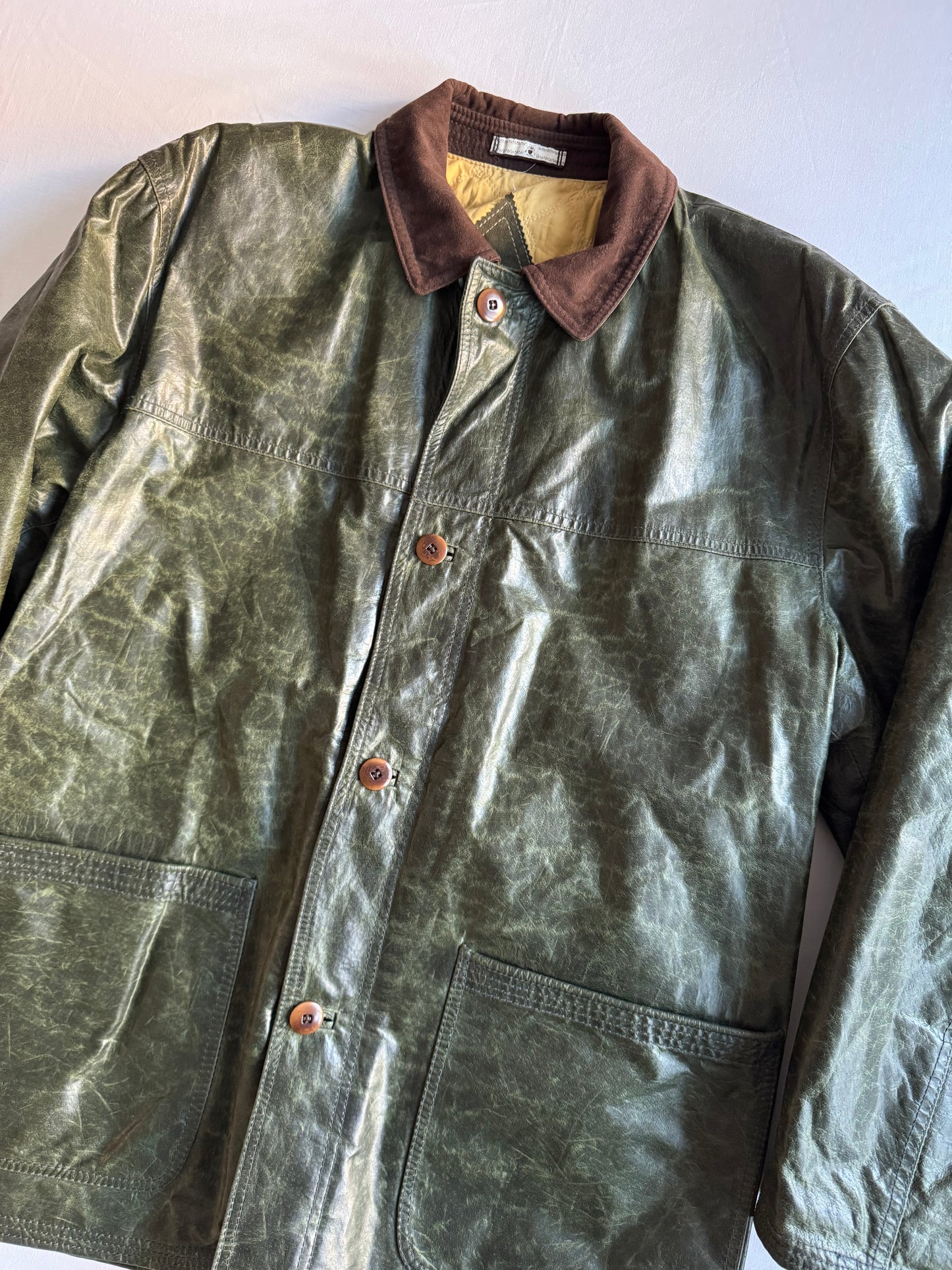 🌳 Chore Coat Vintage din Piele Cerată Verde Închis – Mărime XL