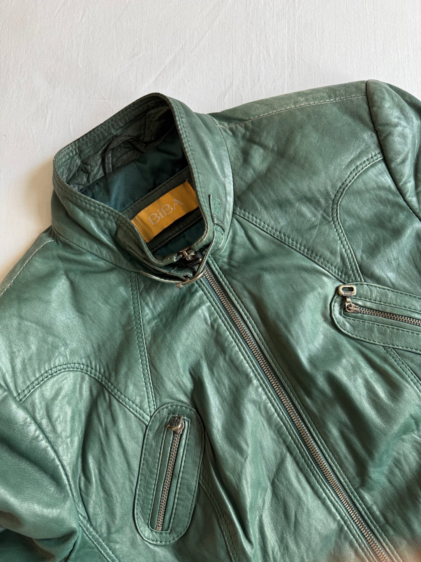 🏍️ Jachetă Biker Y2K din Piele de Miel Verde – EU 40 (L Damă)