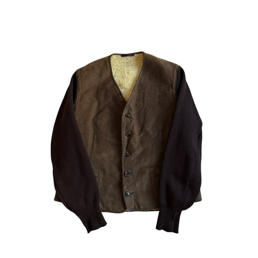 🐑 Cardigan Vintage Maro Închis cu Căptușeală Shearling Natural și Mâneci din Lână – M / L (50)