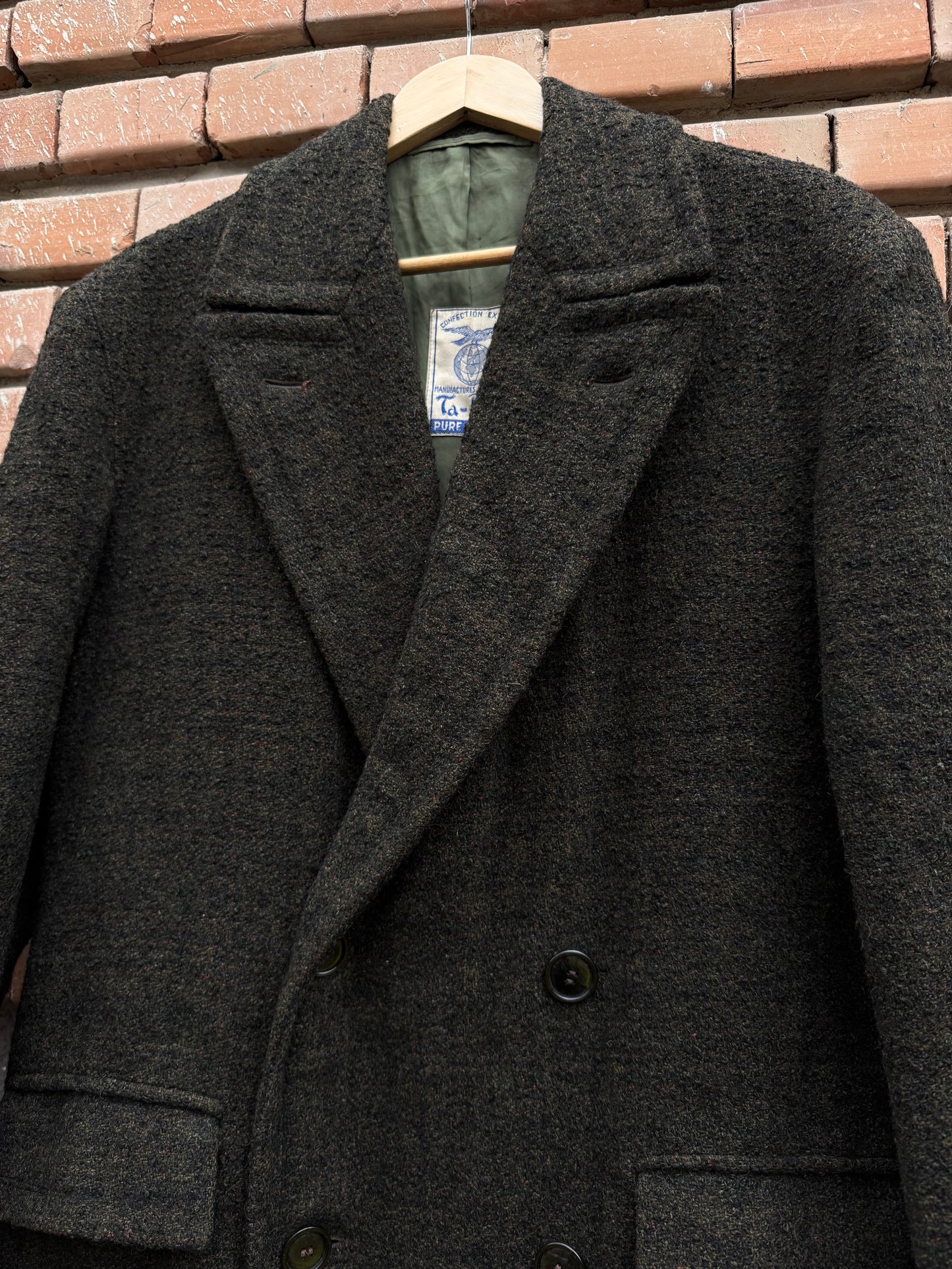 🌳 Palton Vintage Bărbați Verde Închis Double Breasted din Lână Pură – Marimea M