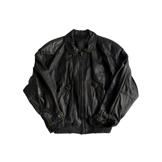 👨‍✈️ Geacă vintage din piele neagră tip bomber / Cropped Fit cu curele – Made in Italy (L bărbați)