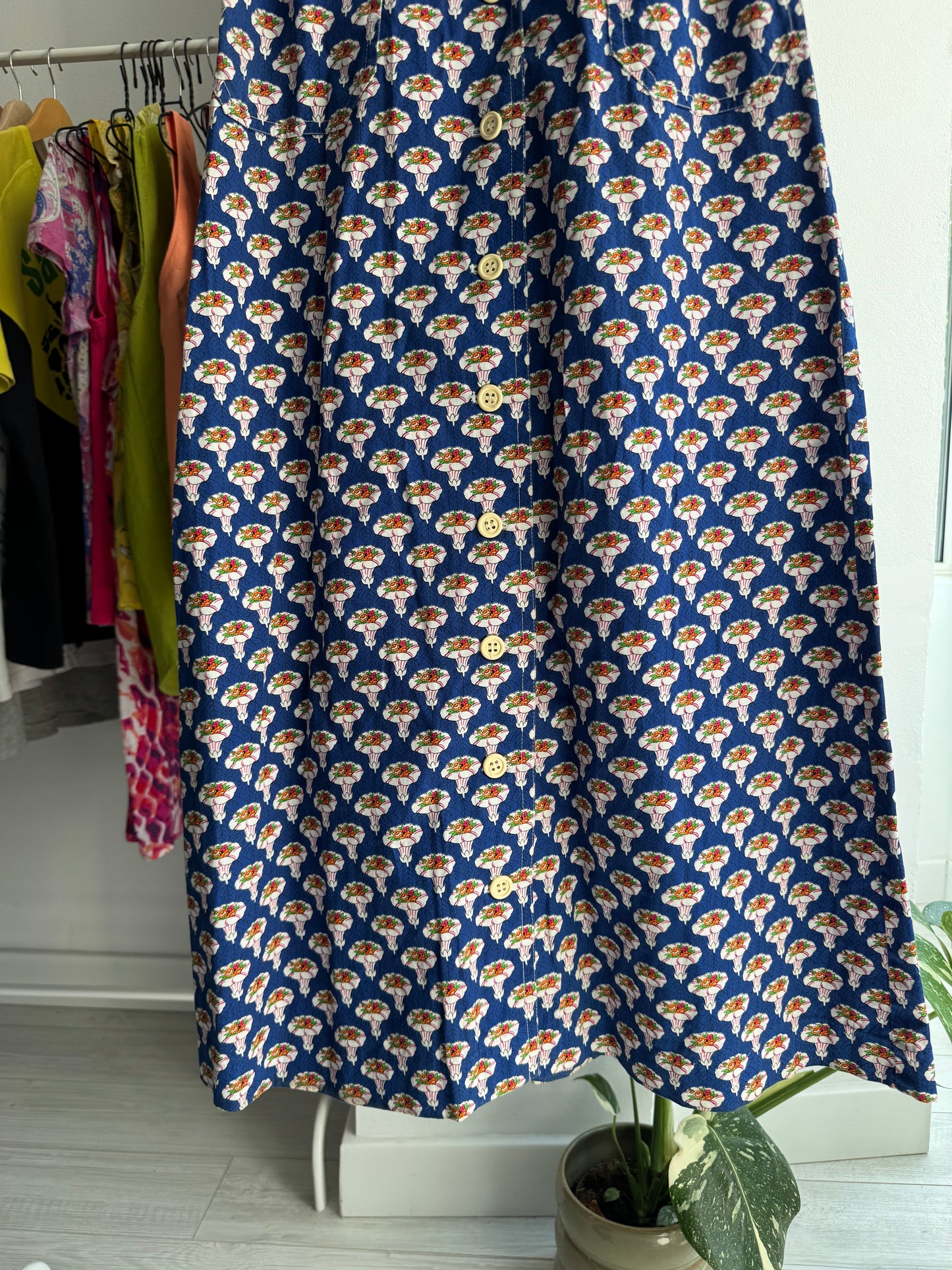 ☀️ Fustă Vintage Albastră cu Print A-Line – Approx. S Damă