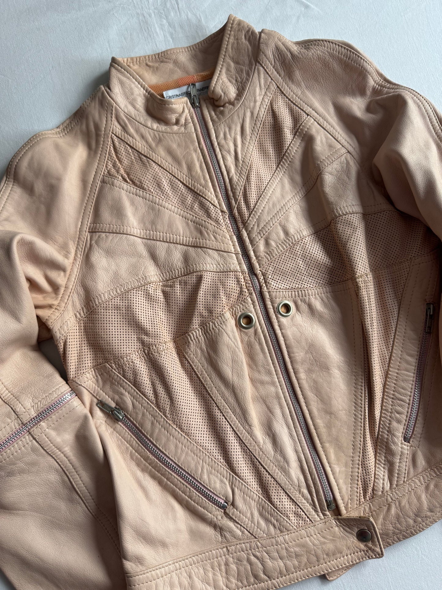 🏍️ Jachetă Biker Y2K CristinaEffe Roz Pal din Piele – IT 46 (M/L Damă)